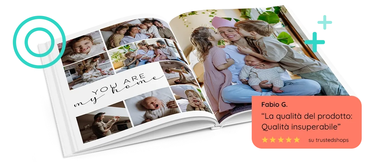Fotolibro rigido A4 verticale aperto con foto di famiglia, posizionato dietro una recensione cliente