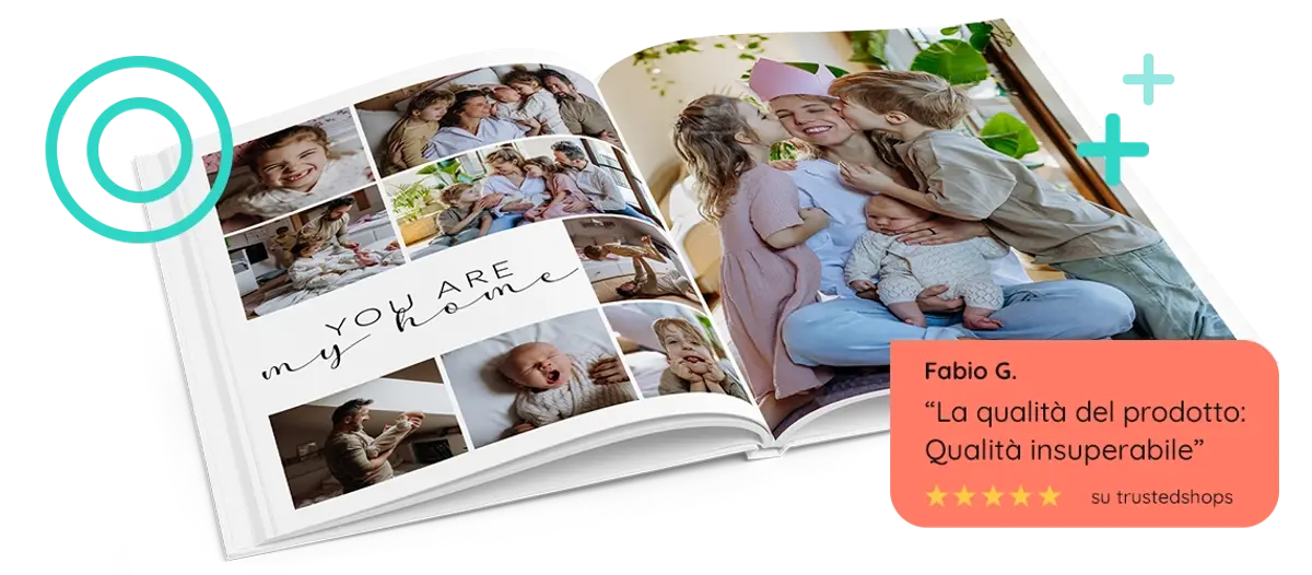 Fotolibro rigido A4 verticale aperto con foto di famiglia, posizionato dietro una recensione cliente